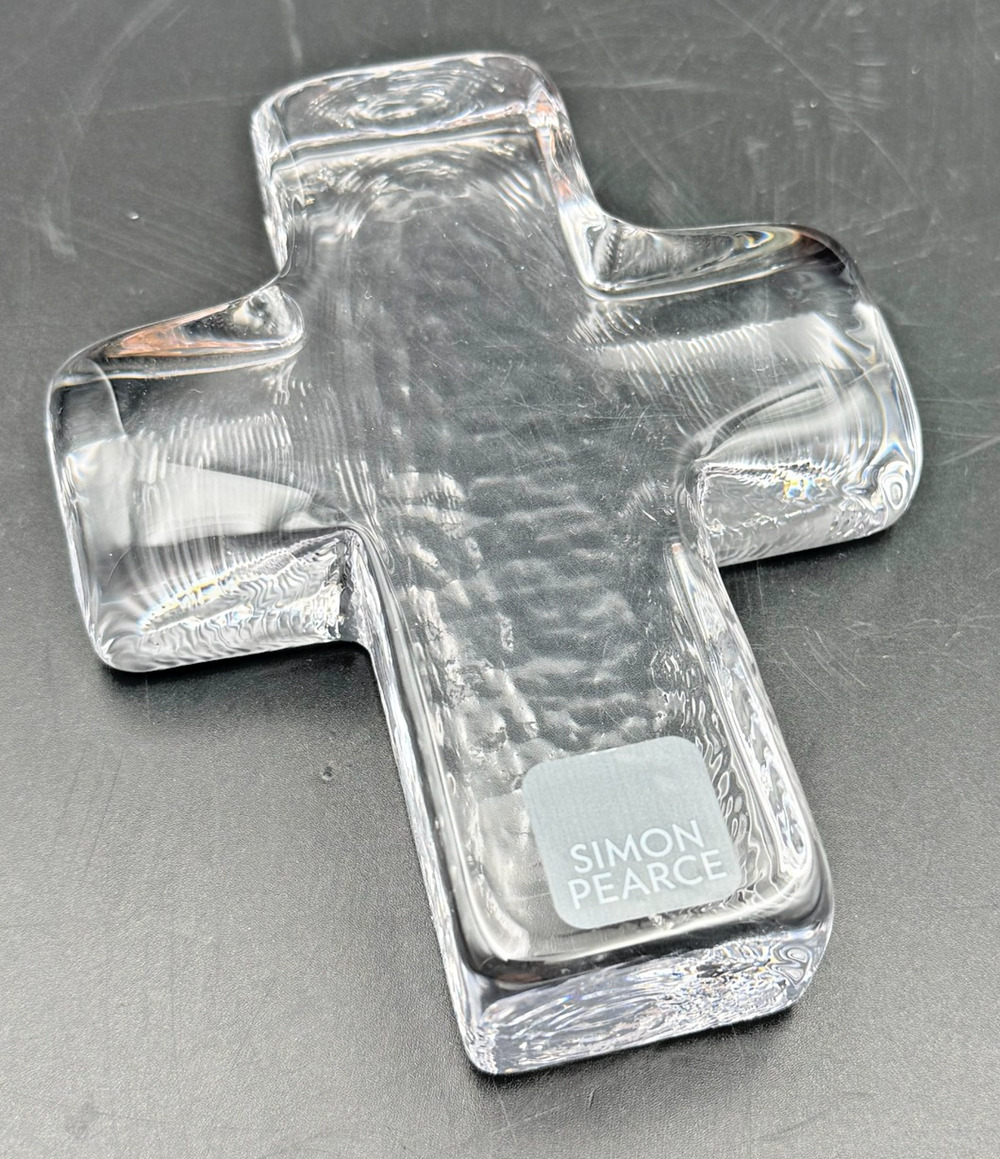 Simon Pearce 5" Clear Handblown Glass Cross Paperweight Sculpture Crystal Label